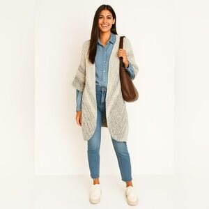 Womens Handmade Boho Crochet Coastal Cowgirl Neutral Cardigan O/S Beige Gray